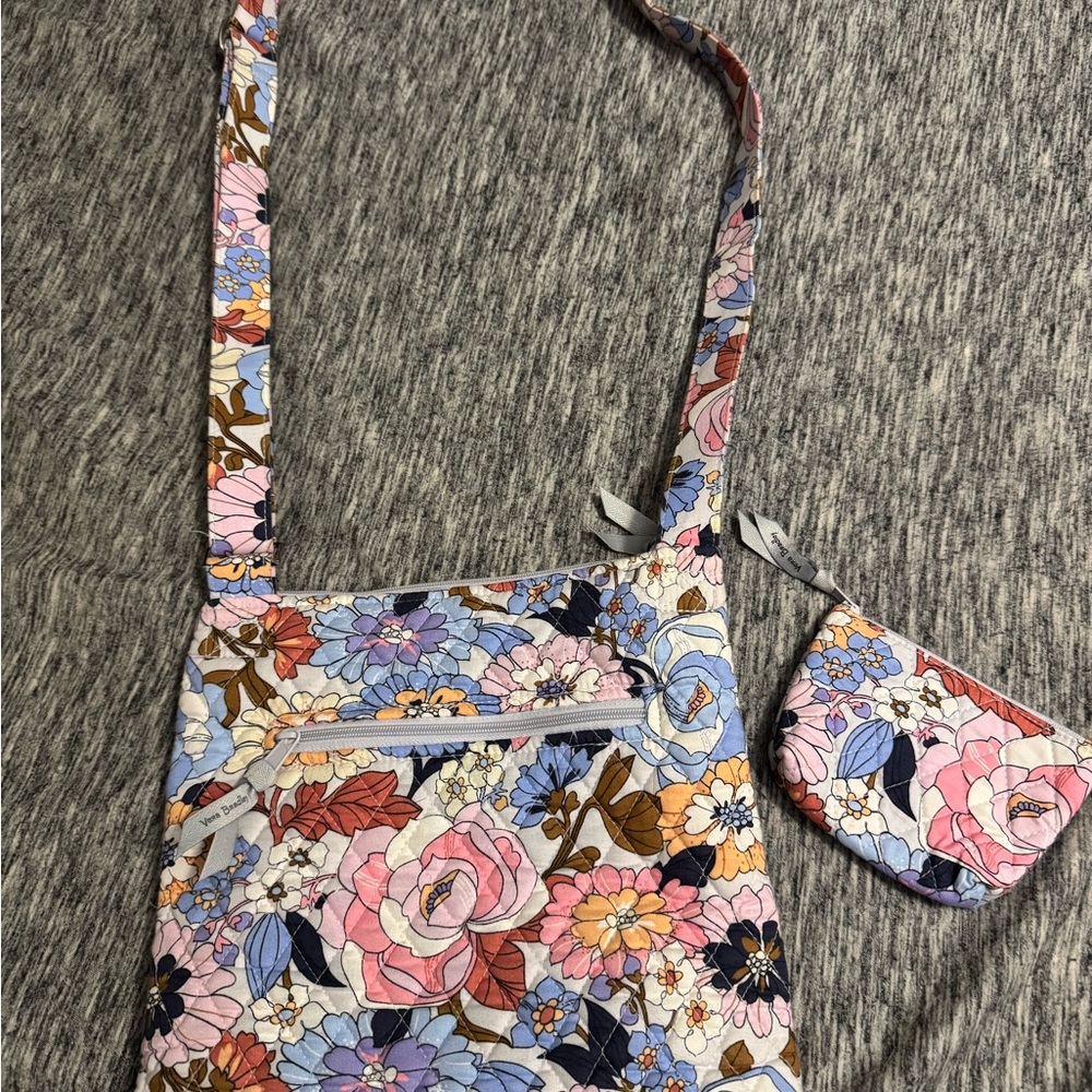 Vera Bradley Pink and Blue Floral Crossbody Bag with Zipper Closure